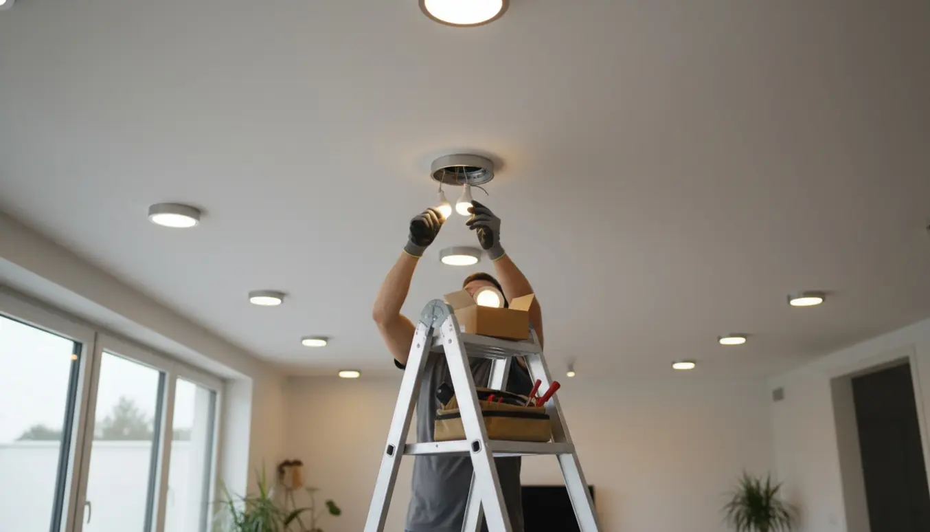 Hænder på en stige udskifter indbyggede spots i loftet med nye LED-pærer.
