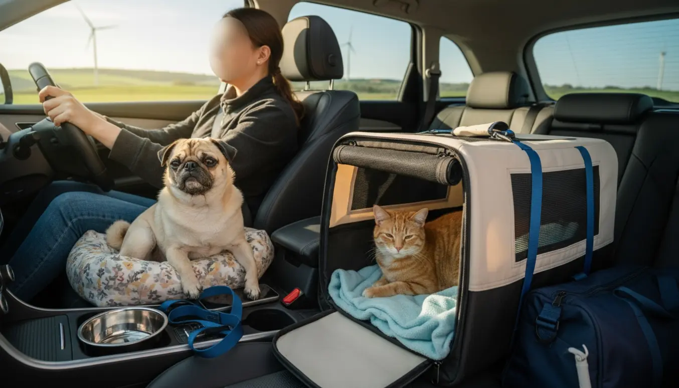 Bilinteriør med en lille hund på passagersædet og en kat i en blød transporttaske under en biltur.
