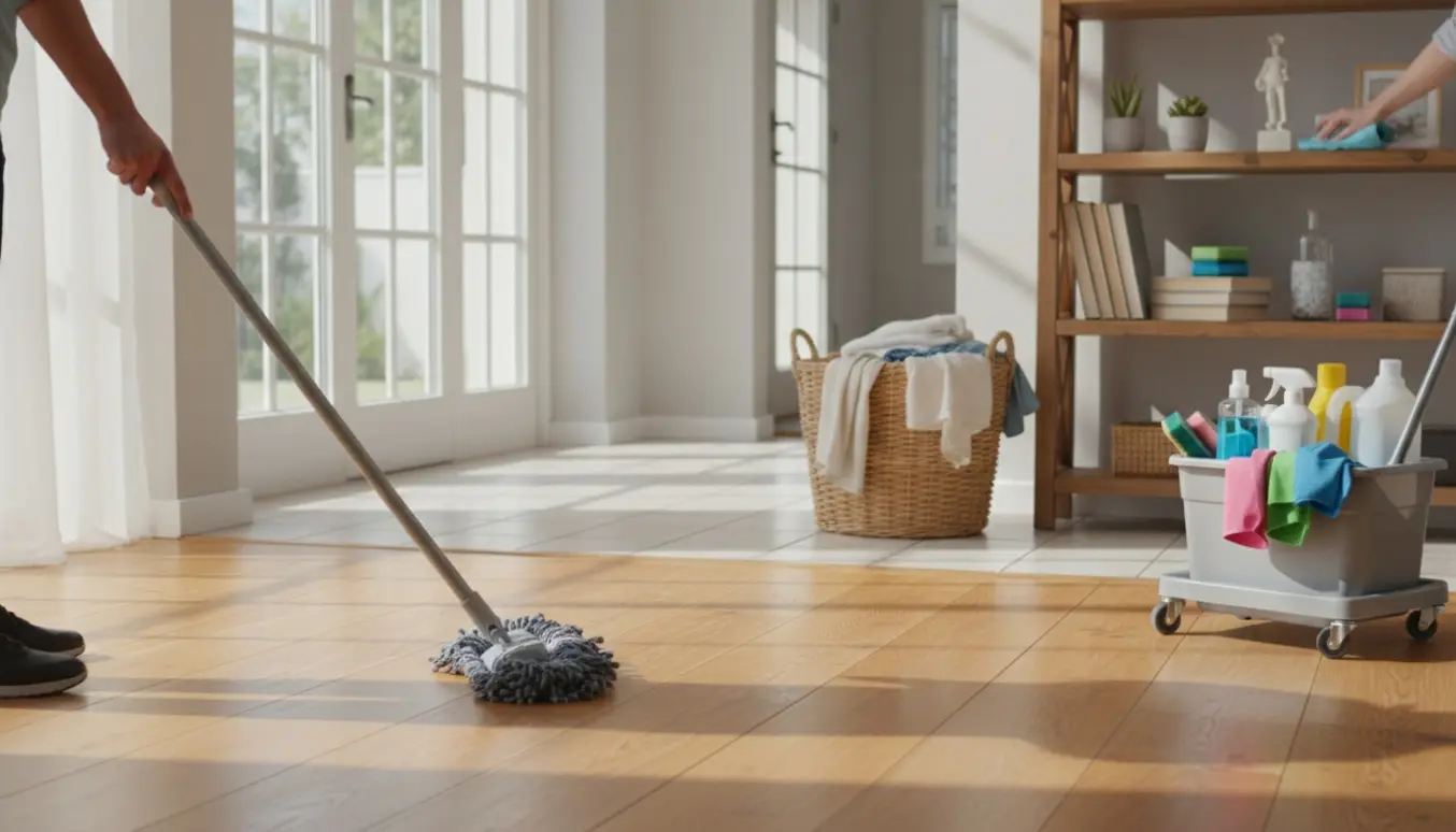 Solbeskinnet stue og entré med trægulv og klinker, hænder mopper gulvet med rengøringsmidler og vasketøj i kurv.
