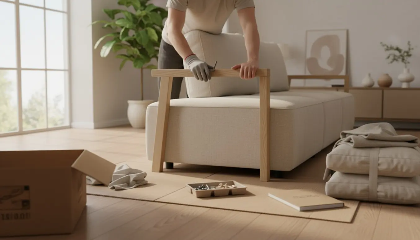 Delvist samlet beige 3-personers sofa i en lys stue, hænder monterer dele med værktøj på beskyttet gulv.