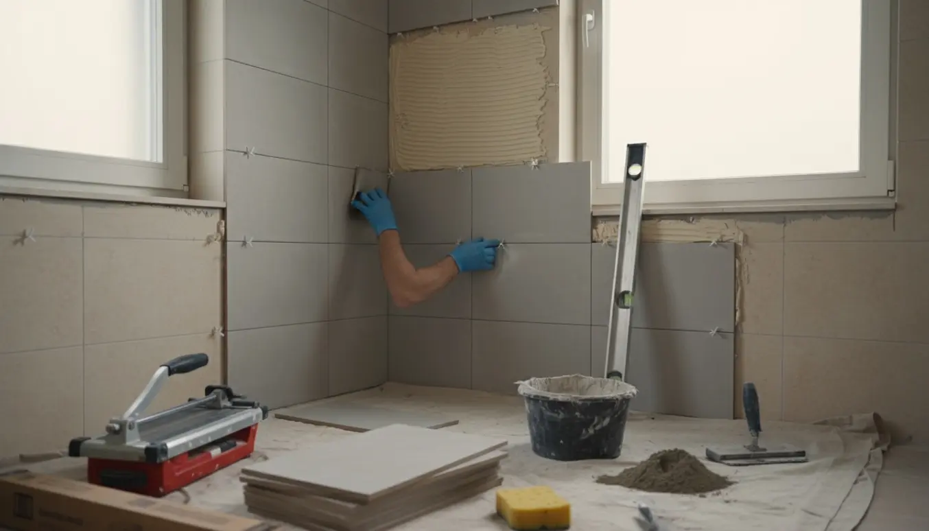 Badeværelse under renovering med nye 30x60 cm fliser monteret i brusehjørnet og værktøj klar på gulvet.