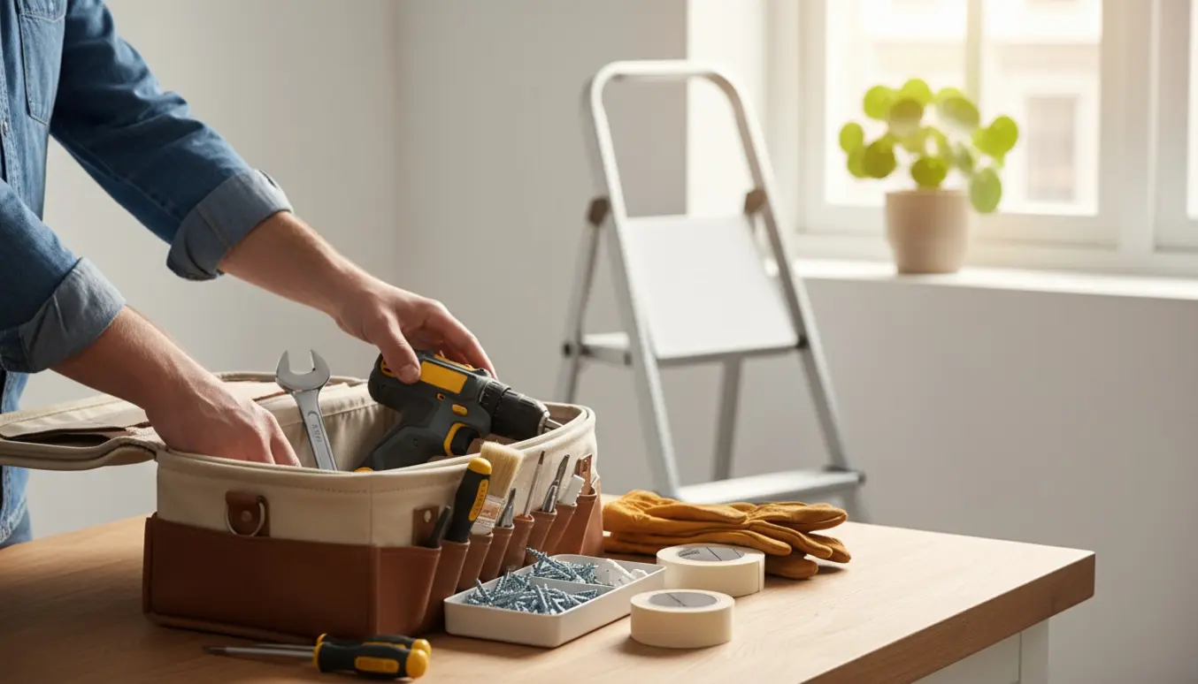 En altmuligmands værktøjskasse på et lyst skandinavisk køkkenbord med hænder, der griber en boremaskine.