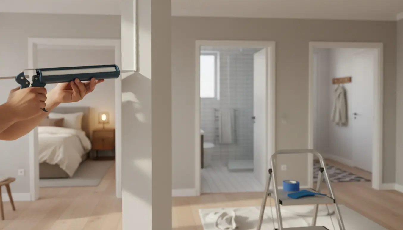 Nærbillede af en hånd med fugepistol, der påfører fuge mellem loft og væg med udsigt til soveværelse, badeværelse og entre.