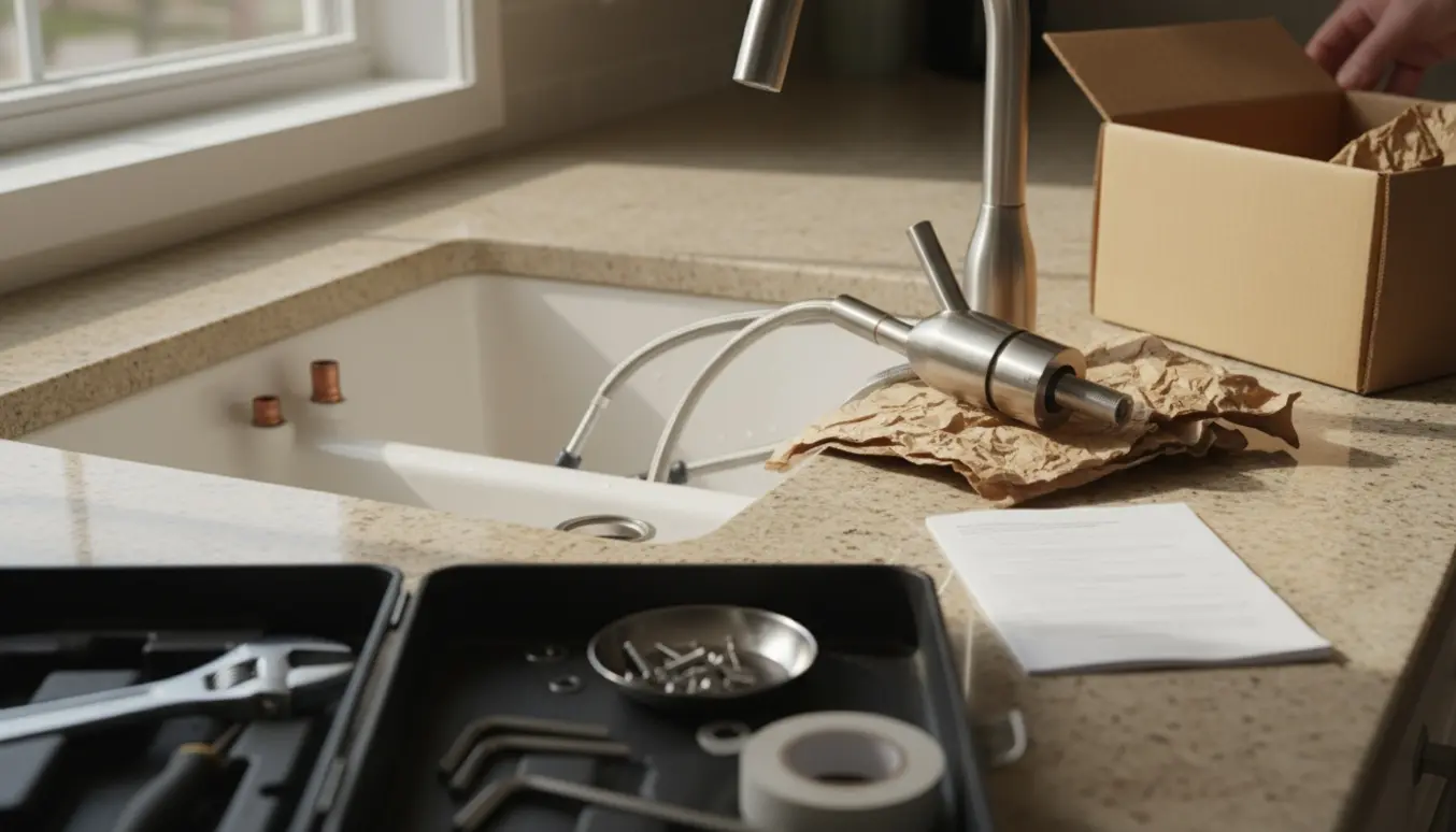 Nyt enkelt-greb køkkenarmatur klar ved vasken, hvor den gamle vandhane er afmonteret og to små dele mangler.