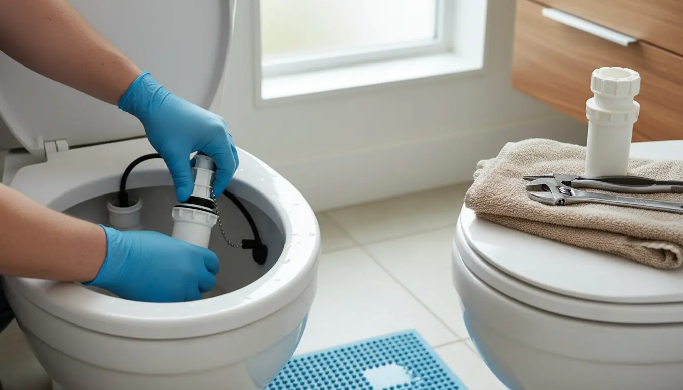 Nærbillede af hænder, der udskifter indløbsventilen i et toilet med værktøj ved siden af.