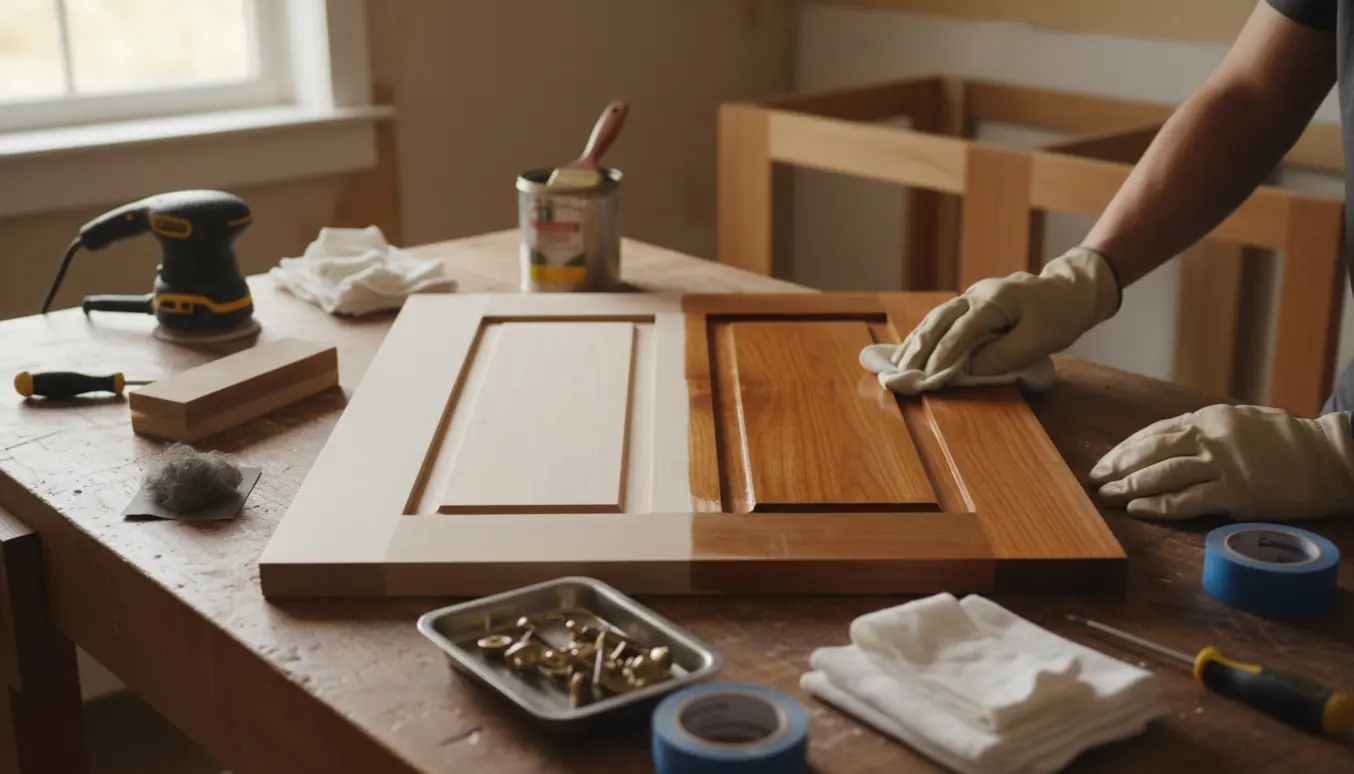 Restaurering af et cirka tyve år gammelt olieret kirsebærtræskøkken med værktøj og hænder, der påfører træolie.