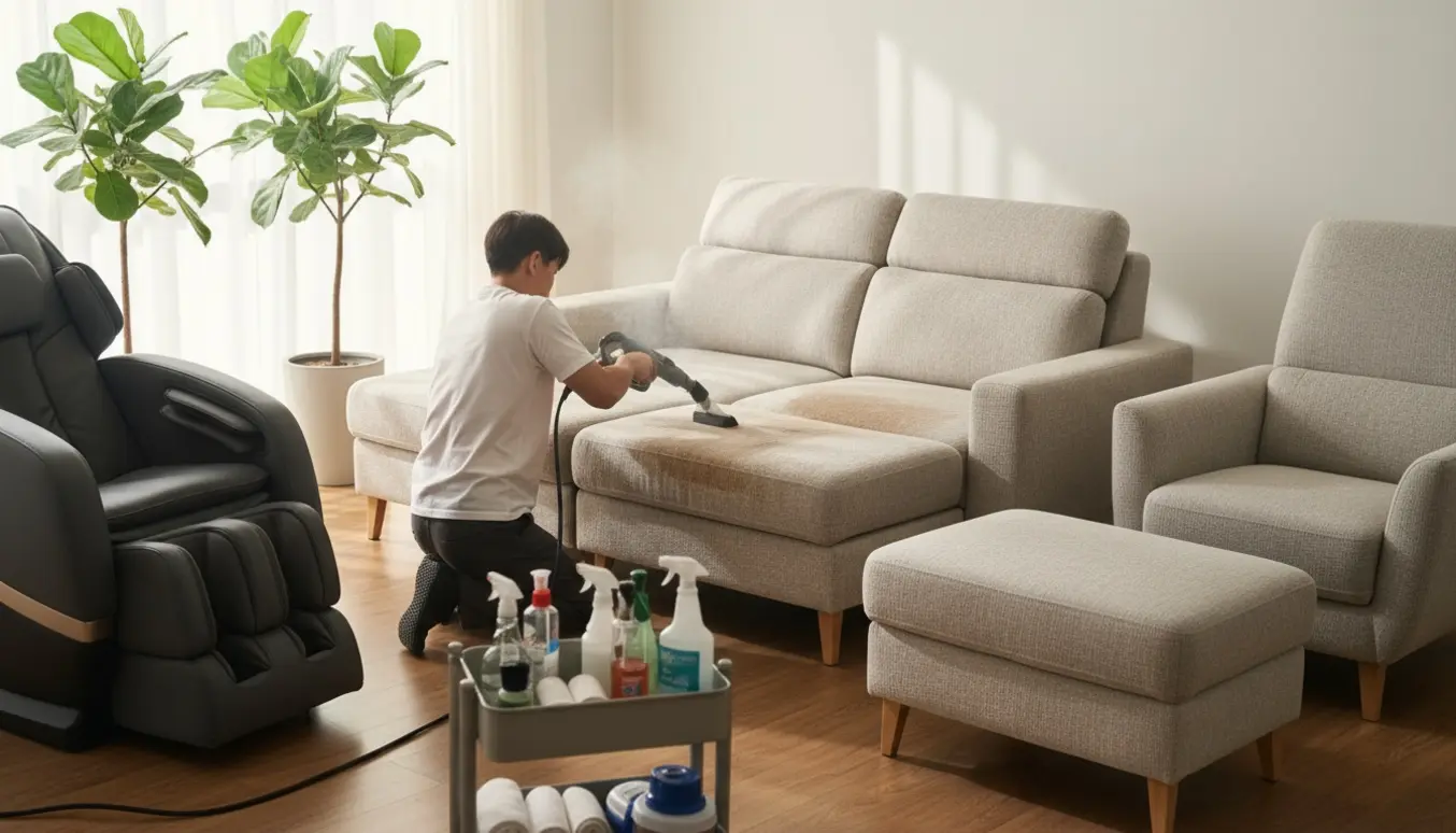 Rengøring af en 2-personers sovesofa med chaiselong, lænestol med fodskammel og en massasjestol i et lyst stueområde.