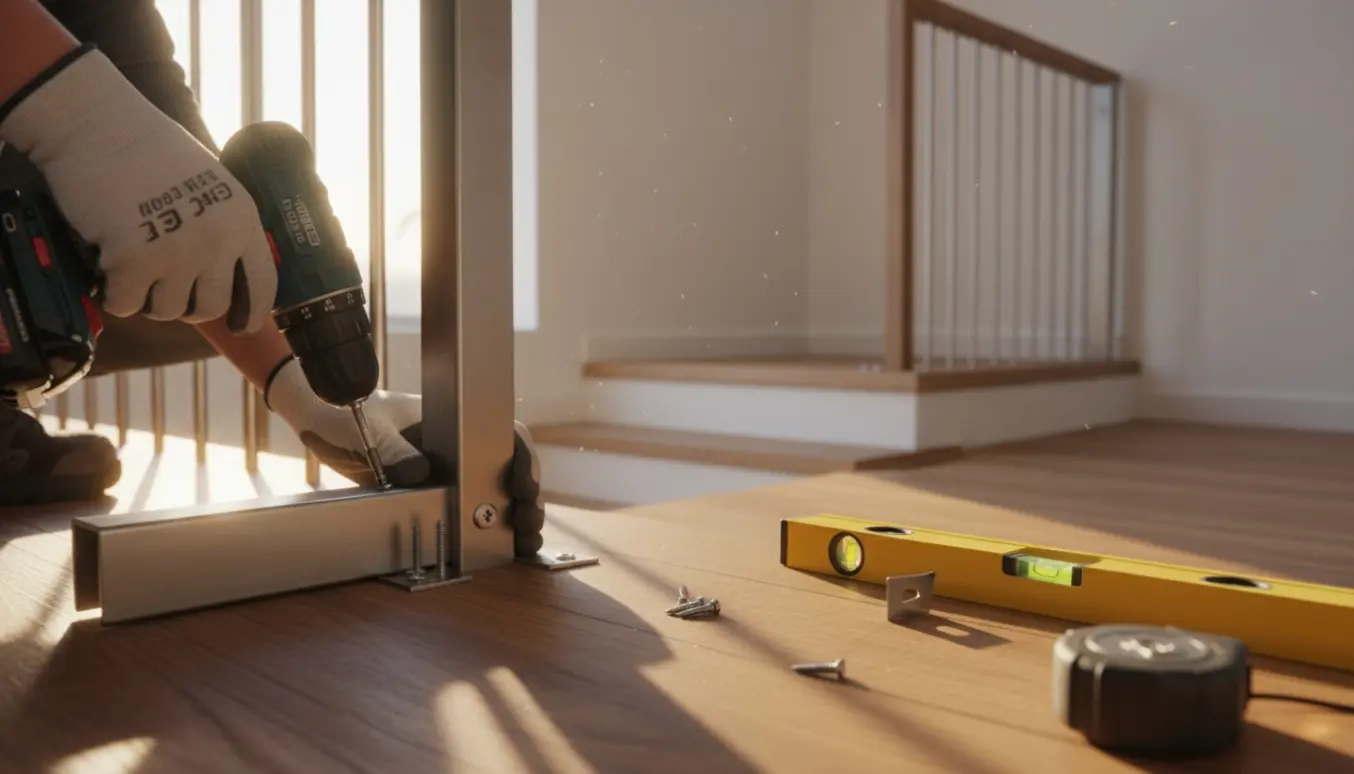 Håndværker måler og monterer gelænder på to trapper med værktøj i forgrunden.