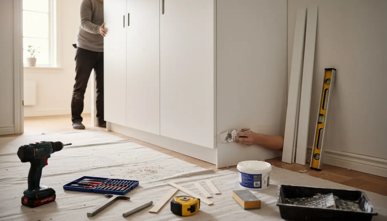 Indbygget Invita-skab flyttes fra kontor til gang med værktøj og spartelmasse klar til finish.