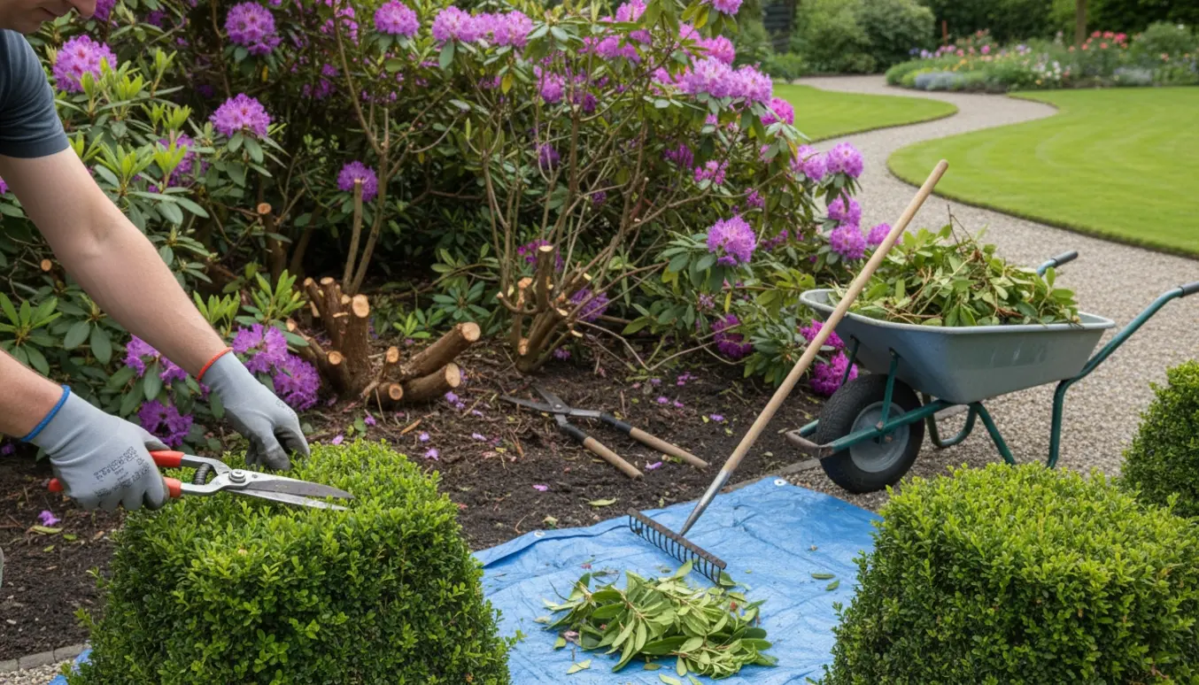 Beskæring og udtynding af mindre buske og et rhododendronbed med beskæringssakse og trillebør.