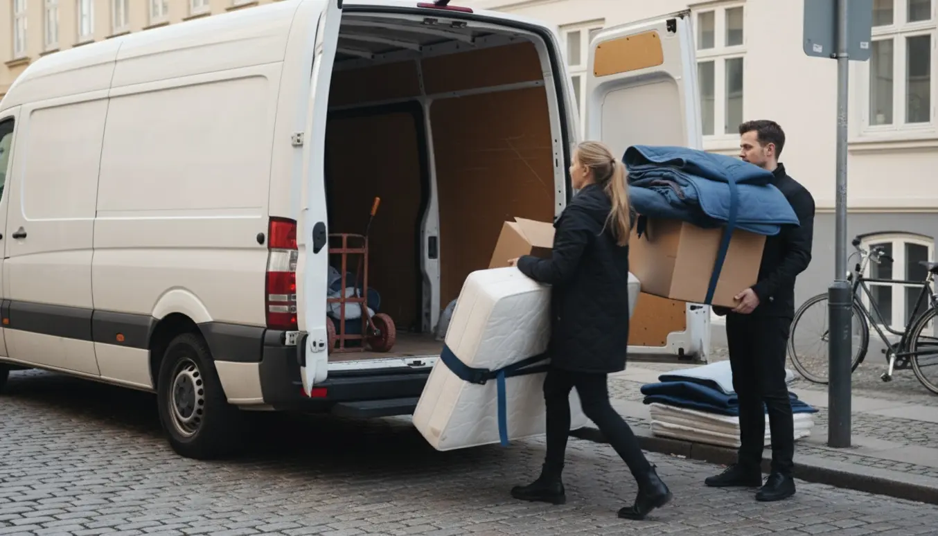 Stor flyttevogn parkeret foran en lejlighedsopgang i København, to kvinder løfter kasser og en chauffør står ved bilens åbne bagdør.