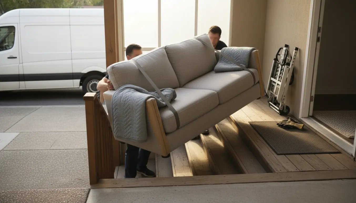 To flyttemænd bærer en sofa fra kantstenen op ad trappen til en lejlighed på anden sal.
