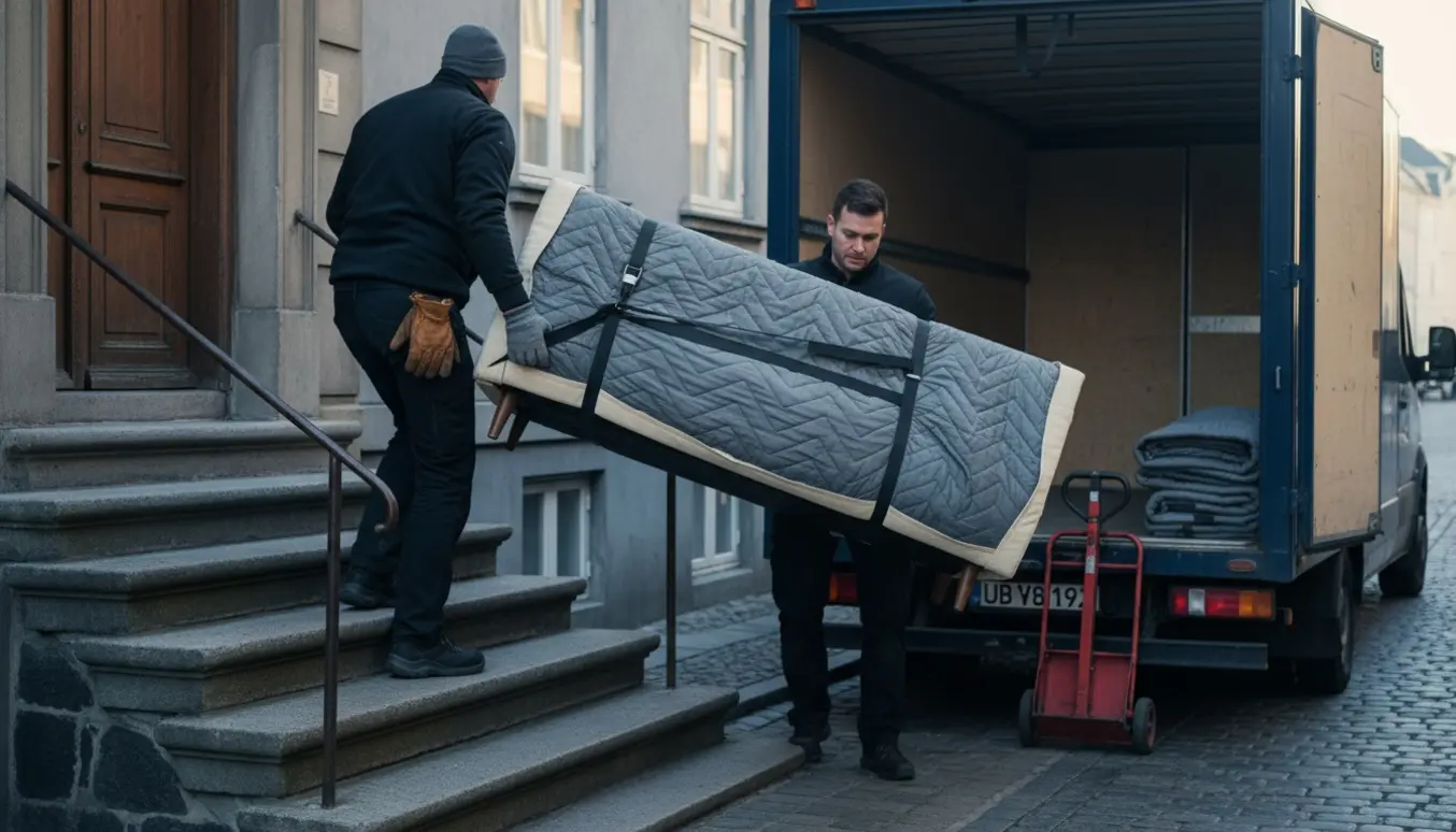 To flyttemænd bærer en indpakket sofa ned ad trappen mod en ventende flyttebil i aftenslys.