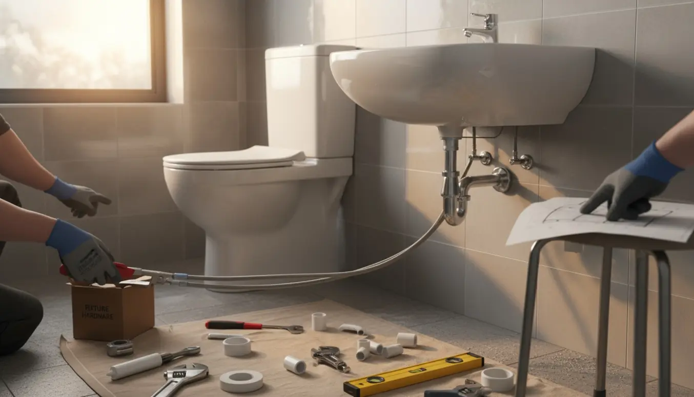Nyt toilet og håndvask klar til installation i et lyst badeværelse med værktøj og planlægningsmaterialer.
