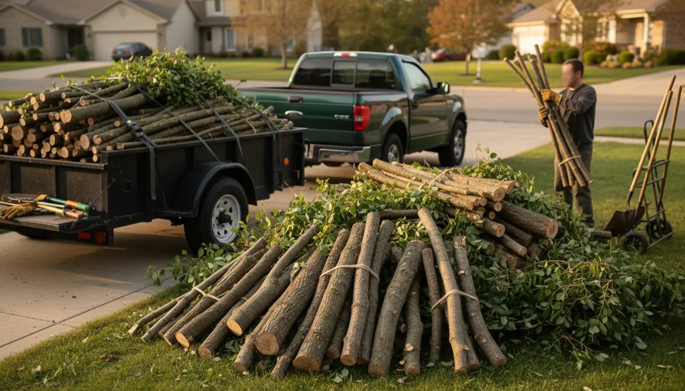 Bunke af beskårne grene og haveredskaber ved indkørsel klar til afhentning med trailer.
