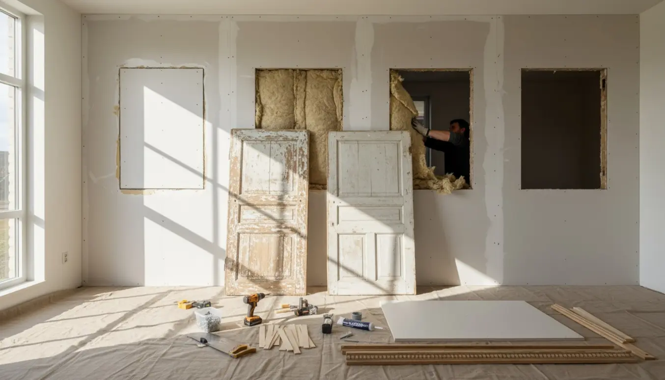 Indendørs renovering med gipsplader og Rockwool i døråbninger og genbrugte døre klar til montering.