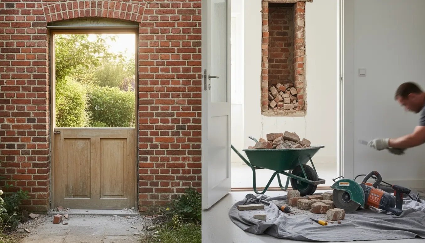 Nyåbnet hul i en murstensmur med en netop monteret dør ud til haven og fjernelse af en muret skraldeskakt i bryggerset.