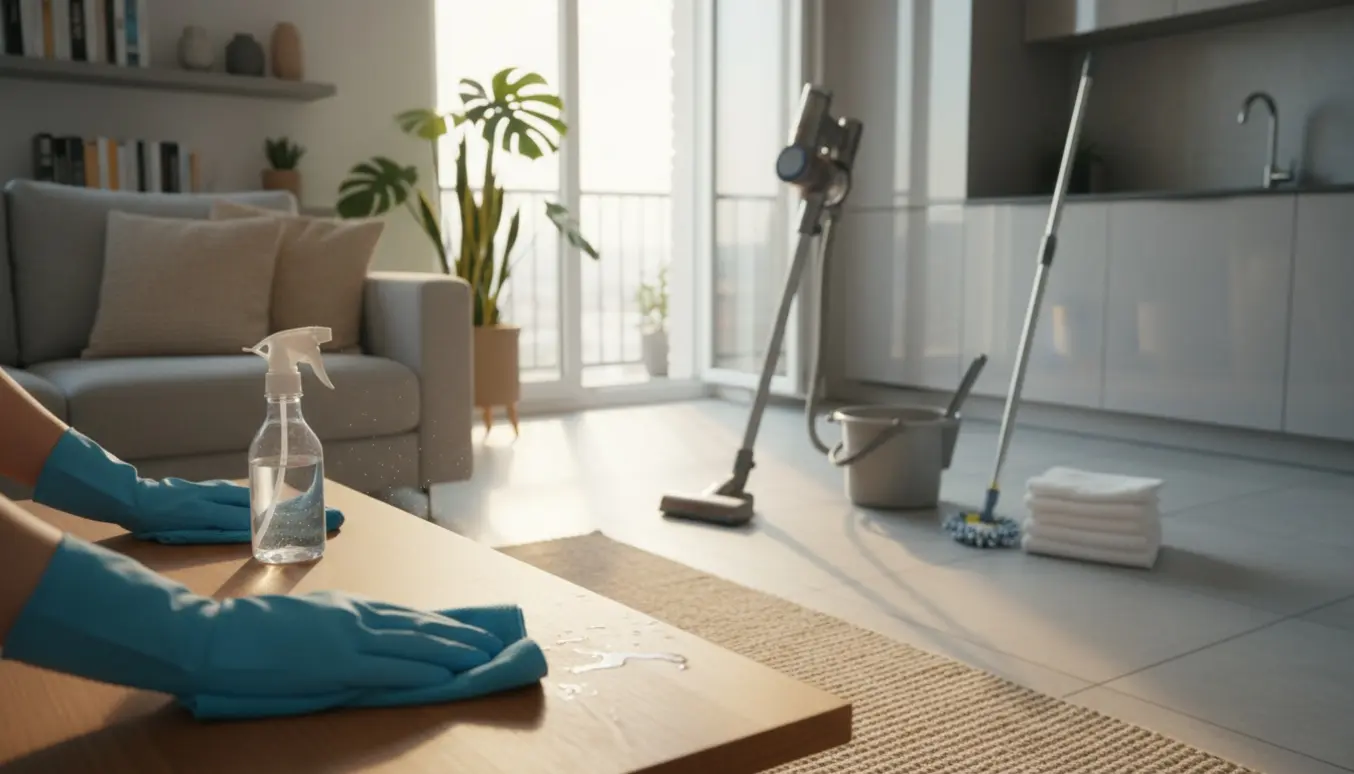 Hænder i gummihandsker tørrer et sofabord i en solbelyst lejlighed med rengøringsudstyr i baggrunden.