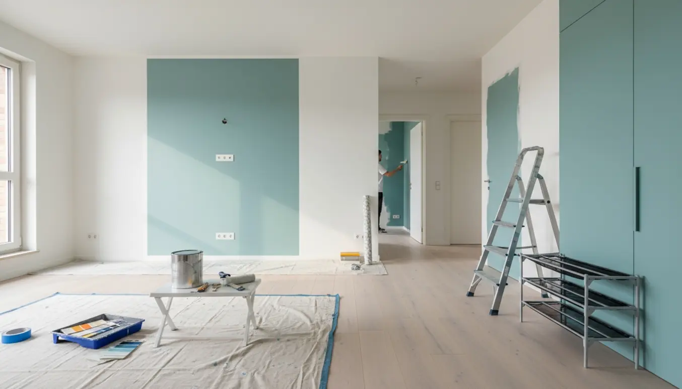 Indendørs billede af en lejlighed under maling med en ny accentvæg, malerværktøj og delvist malet indbygget skab.