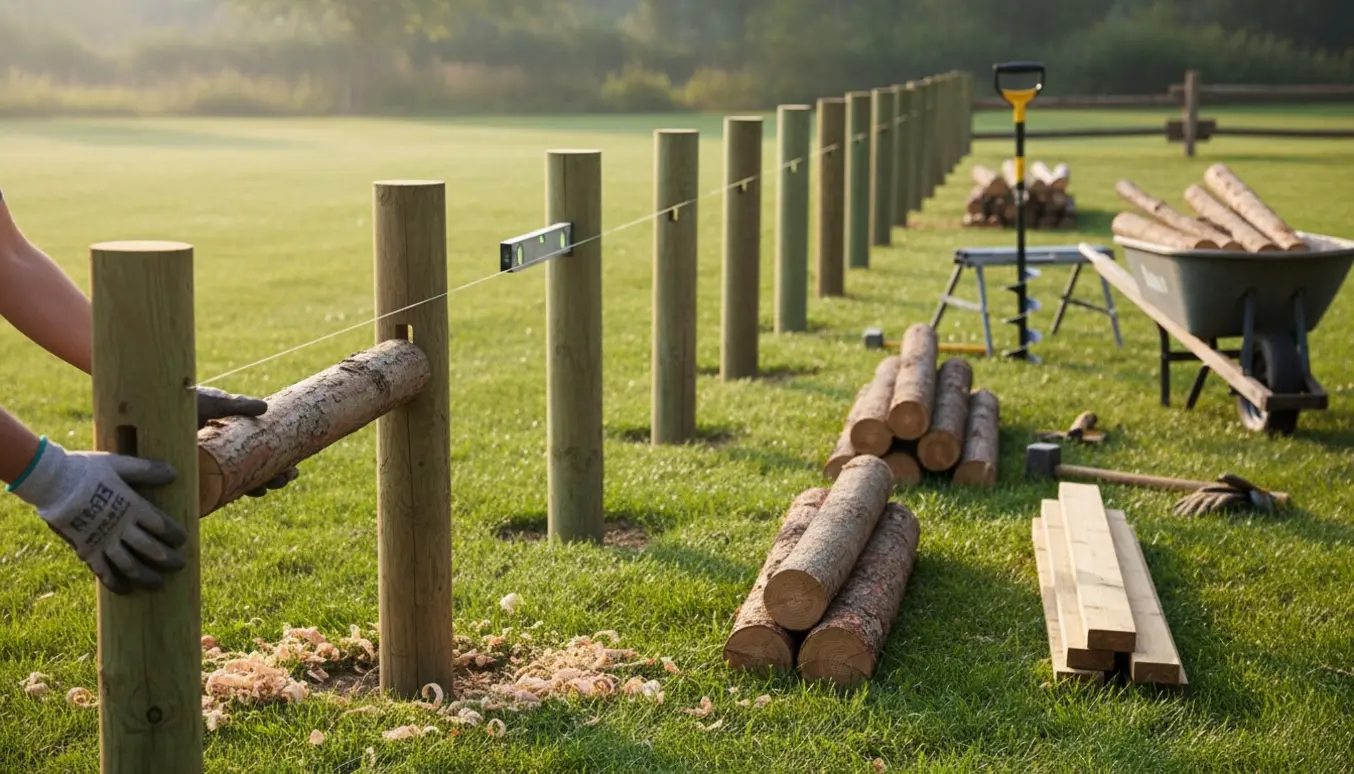 Opsætning af raftehegn med trykimprægnerede stolper, rafter og værktøj, uden synlige ansigter.