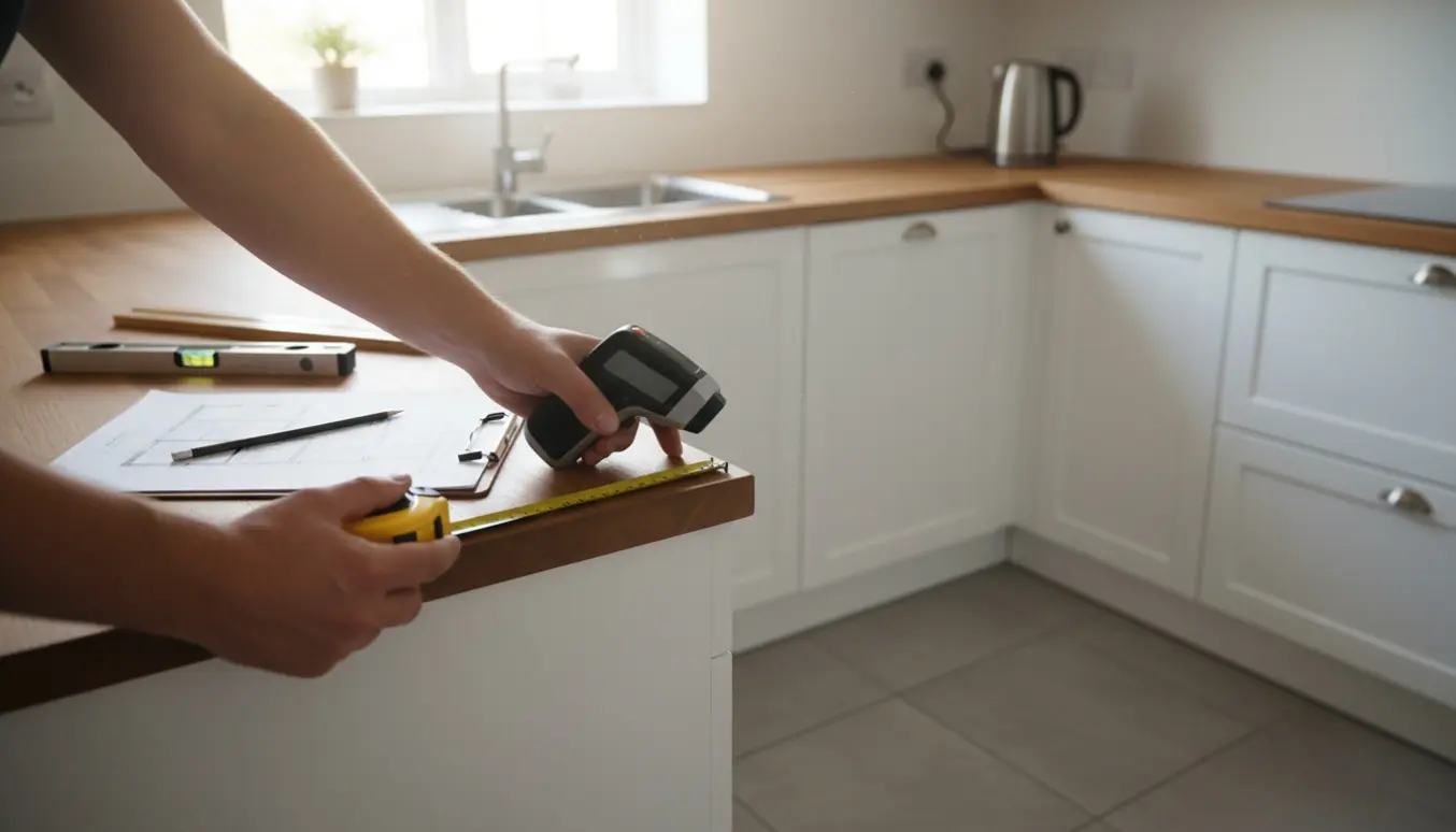 Hænder måler et moderne køkken med lasermåler, målebånd og skitse på clipboard.