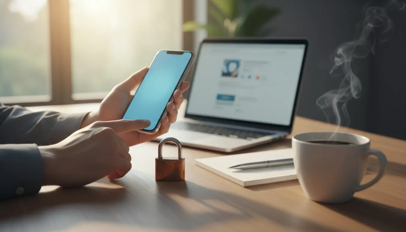 To hænder arbejder på en smartphone med en sløret login-skærm og en åben laptop på et soloplyst skrivebord.