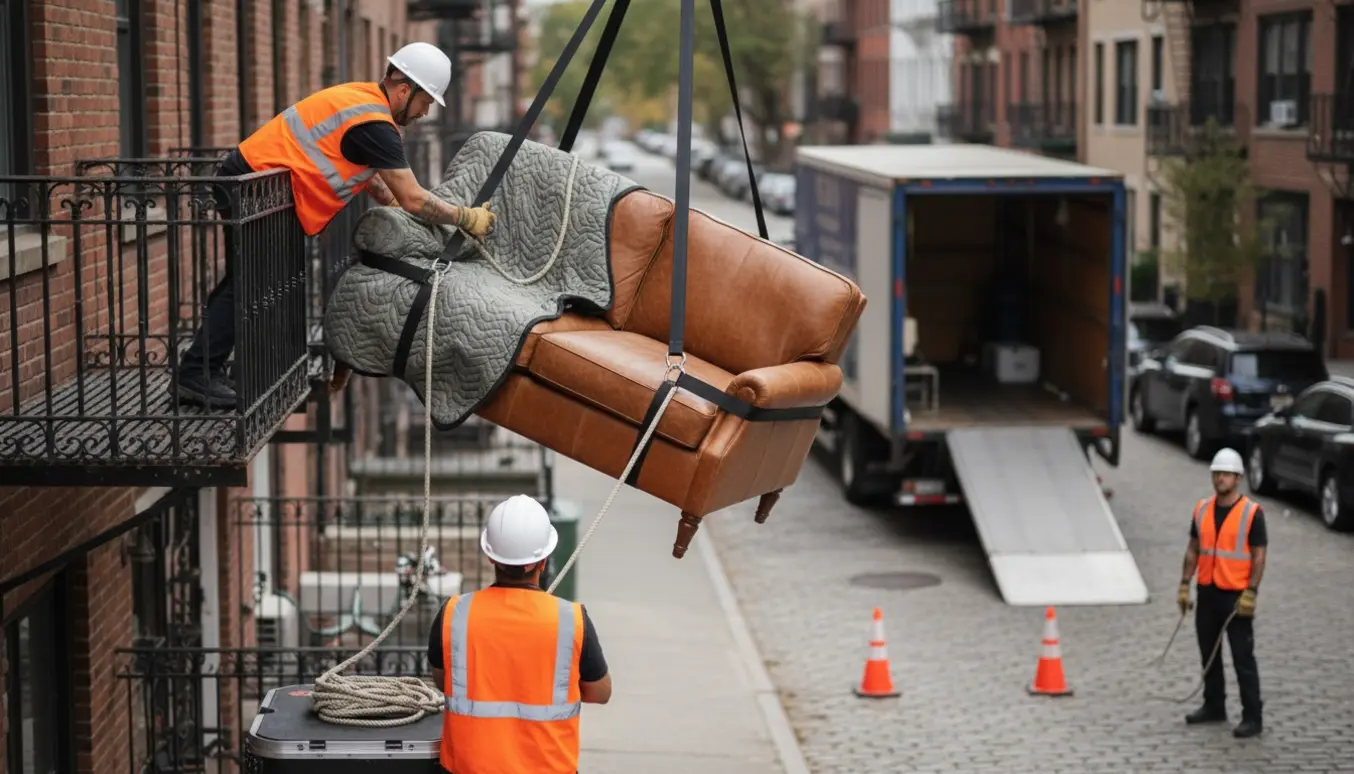 En tosæders lædersofa sænkes forsigtigt ned fra en femte sal med flyttestropper og sikkerhedsudstyr.