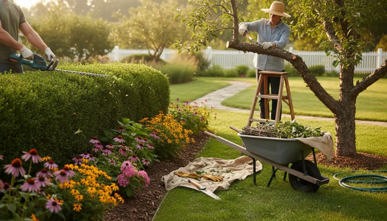 Beskæring af hække og træer i en velholdt have med redskaber og en trillebør fyldt med afklip.