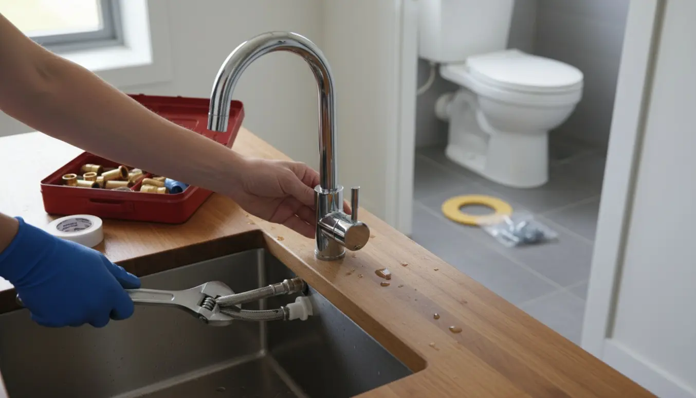 Hænder installerer en ny køkkenvandhane med et nyt hvidt toilet synligt i baggrunden.