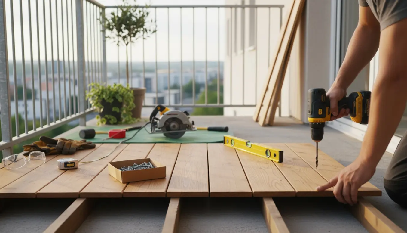 Delvist lagt trægulv på en smal altan med værktøj og håndværkerhænder, ingen ansigter synlige.