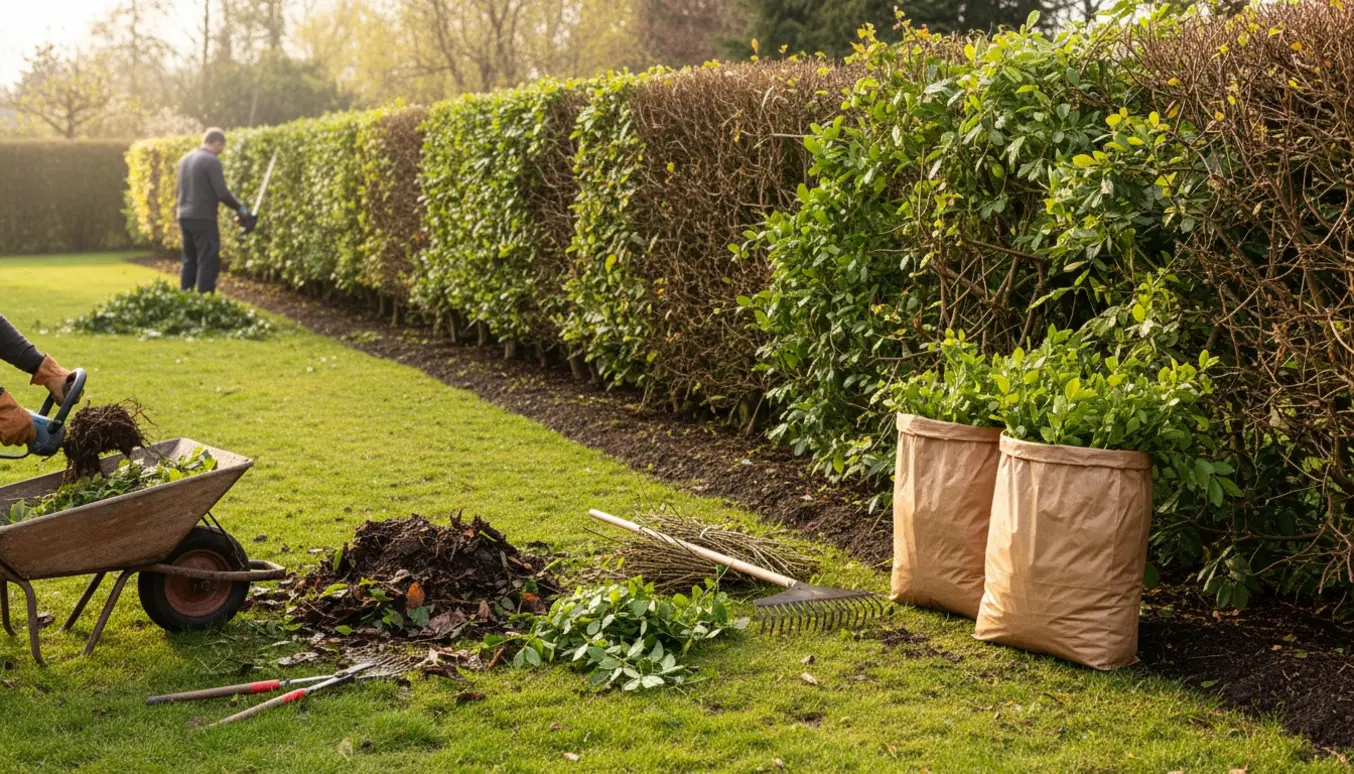 Lang hæk bliver klippet, ukrudt trækkes op og blade samles i en forårshave.
