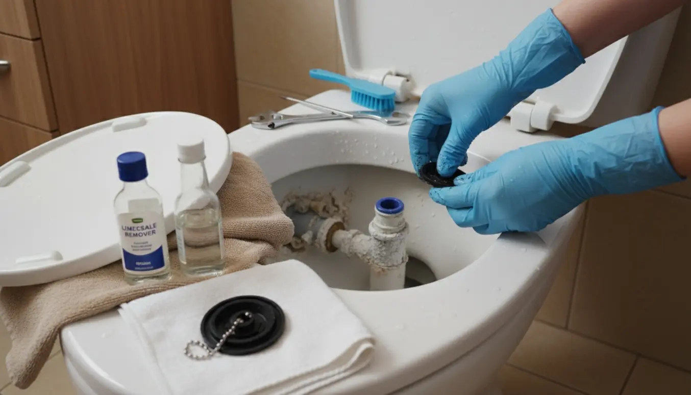 Nærbillede af hænder, der skifter en slidt gummipakning i en åben toiletcistern med afkalker og værktøj ved siden af.