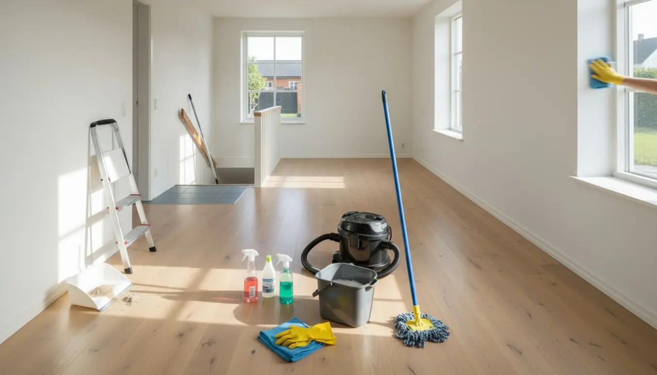 Tomt, nyligt hovedrengjort hus i Søborg med rengøringsudstyr på trægulvet og åben kælder i baggrunden.