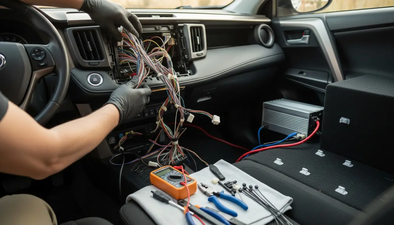 Nærbillede af montering af 2-DIN bilstereo i en Toyota RAV4 med ledninger og subwoofer i bagagerummet.