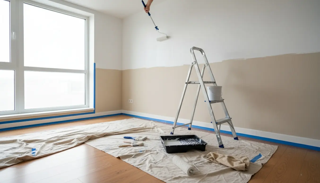 Maler ruller hvid maling på væg og loft i en lejlighed med stige, malerbøtte og afdækningsdug.
