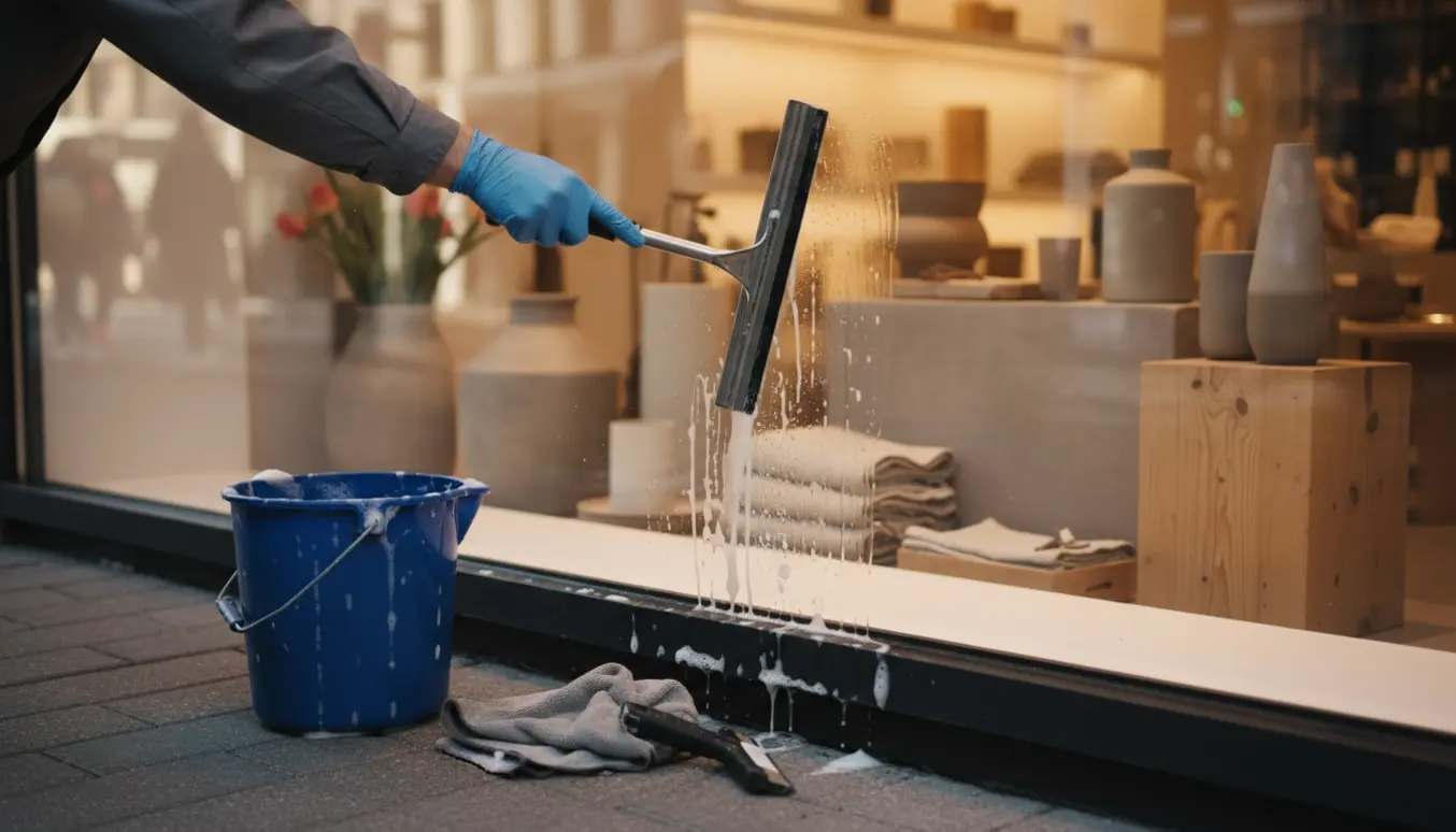 En hand vasker et butiksvindue med en vinduesskraber og spand med sæbevand på en solrig morgen.