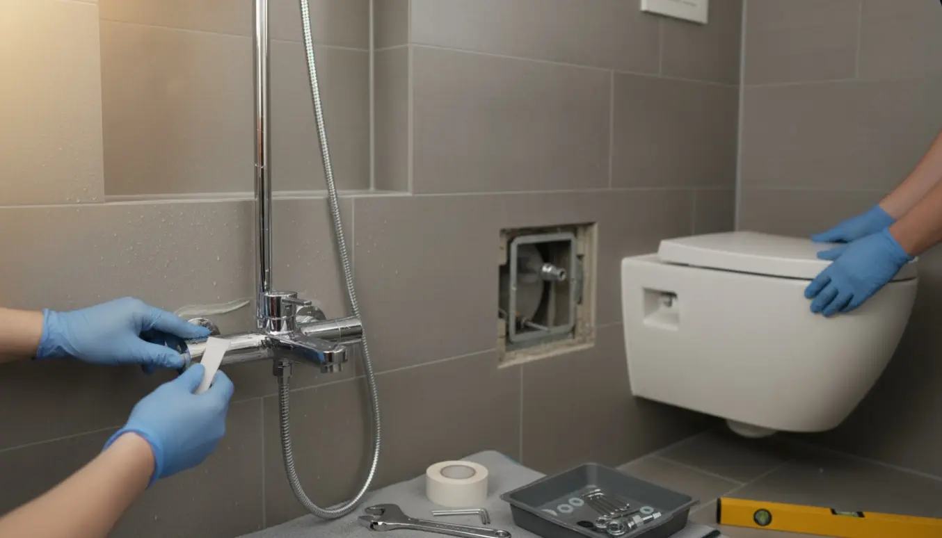 Hænder monterer et nyt brusebatteri i en flisebeklædt bruseniche, mens et væghængt toilet forberedes i baggrunden.