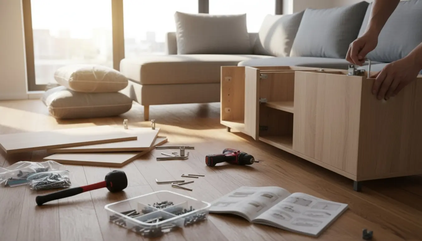 Halvfærdigt IKEA-skab og sofa i en lys stue med værktøj og møbeldele på gulvet.