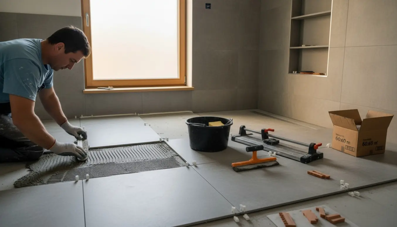 Håndværker lægger store 60x60 fliser på badeværelsesgulvet og afslutter fuge og silicone ved brusenichen.