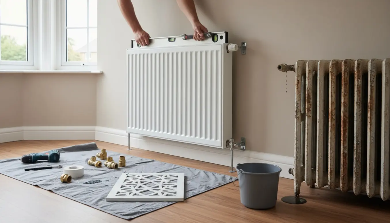 Hænder fra en VVS'er monterer en ny slank radiator tæt ind til væggen med værktøj og en gammel radiator ved siden af.