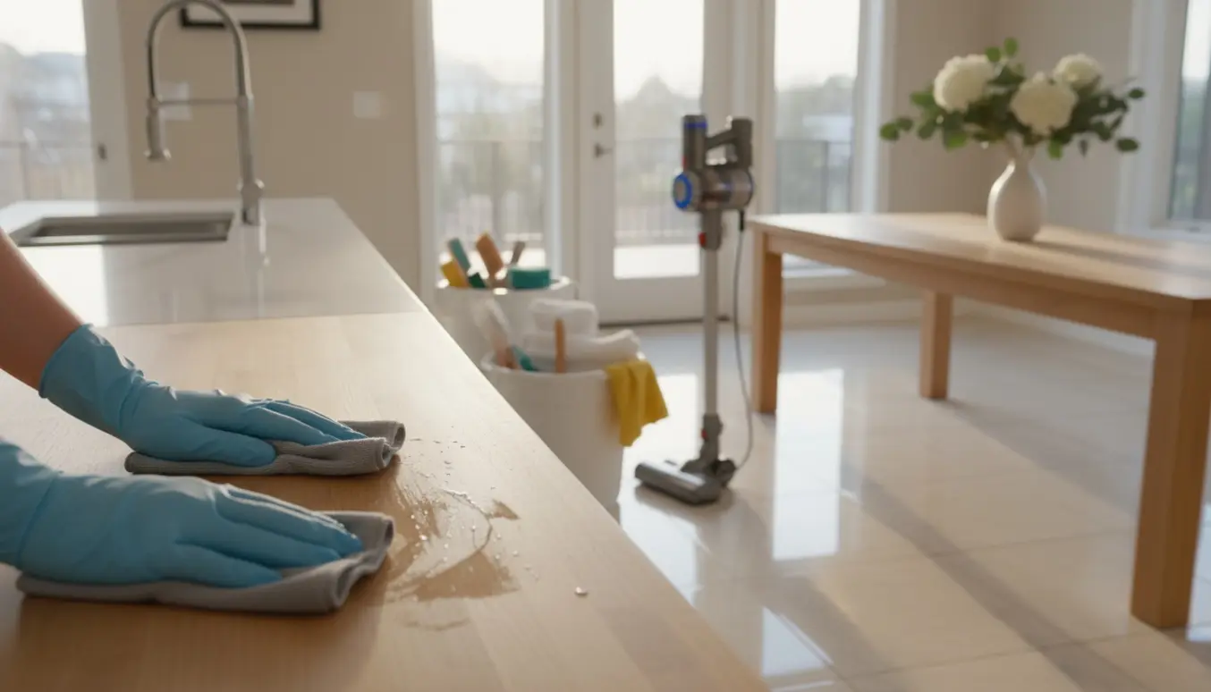 Hænder tørrer en køkkenbordplade i et lyst, nydeligt hjem under hovedrengøring før salg.