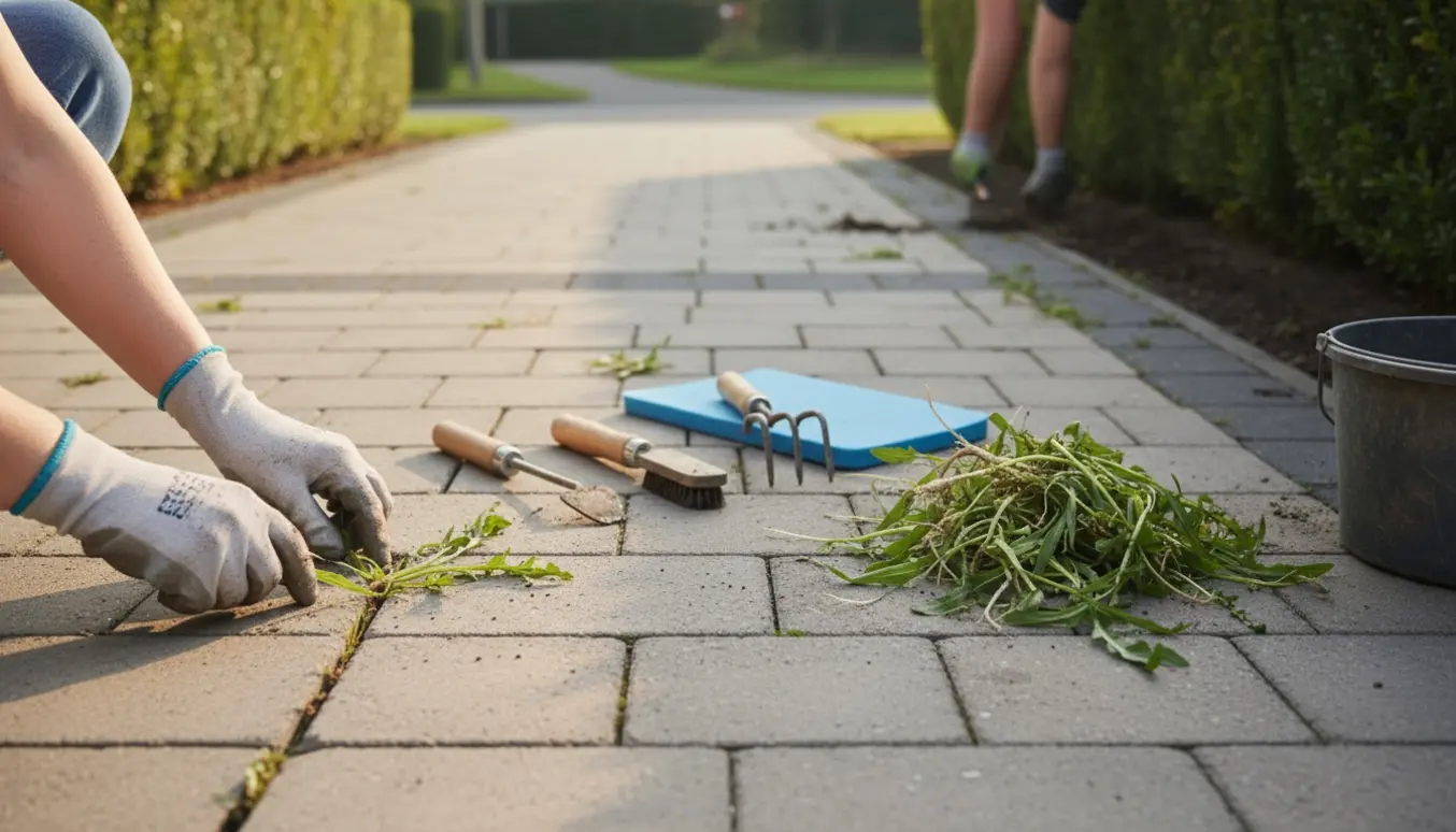Hænder trækker ukrudt op mellem fliser ved indkørsel med haveredskaber og en lille bunke ukrudt.