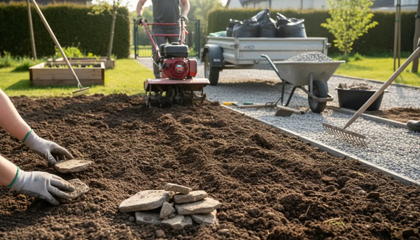 Forårsklargøring af have med fræser, trailer med suppleringsjord og håndværker set bagfra.