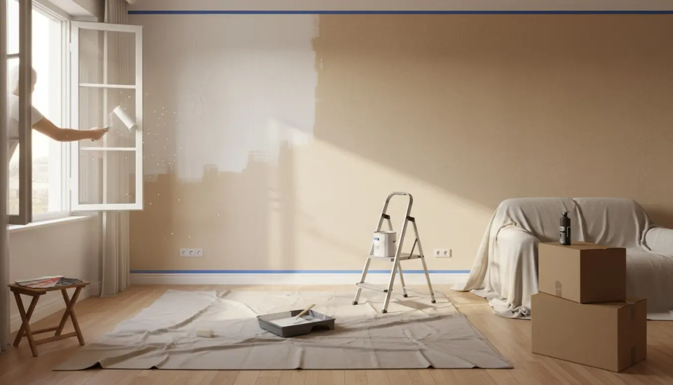 En person maler en lejlighedsvæg ved flytning med malerulle, afdækningsdug og flyttekasser i baggrunden.