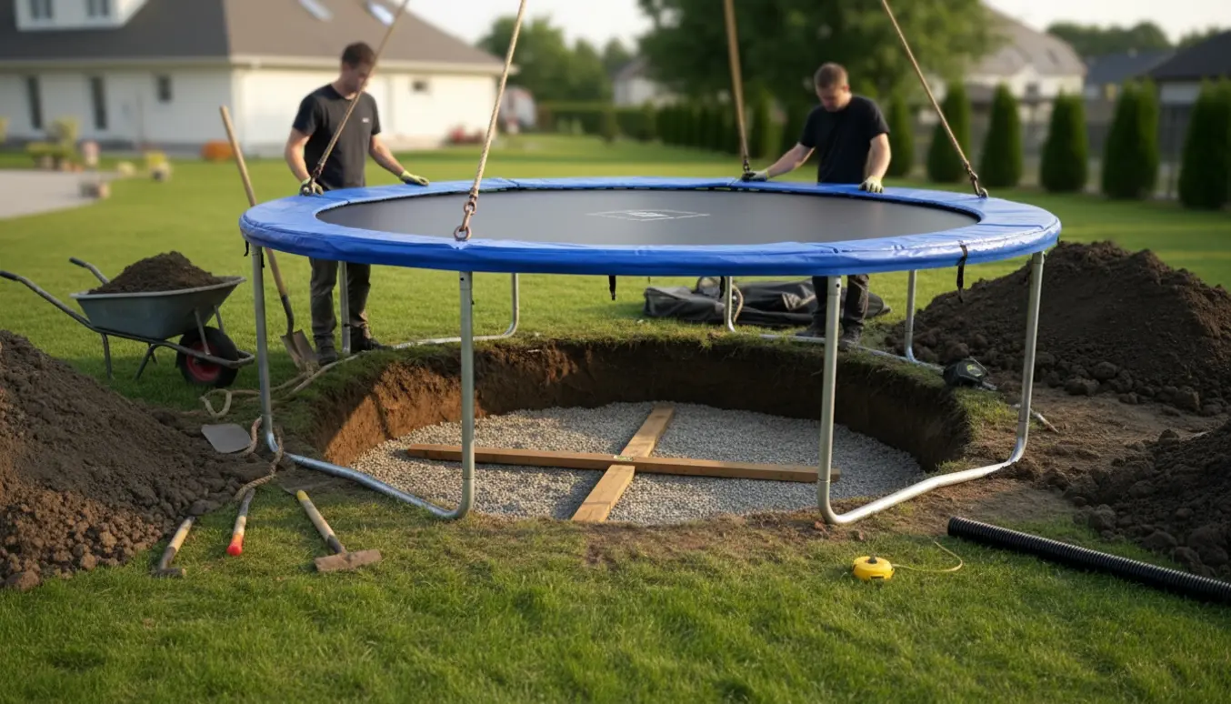 Delvist nedsænket rund trampolin i en nygravet cirkulær grav med skovle, trillebør og jord i en baghave.