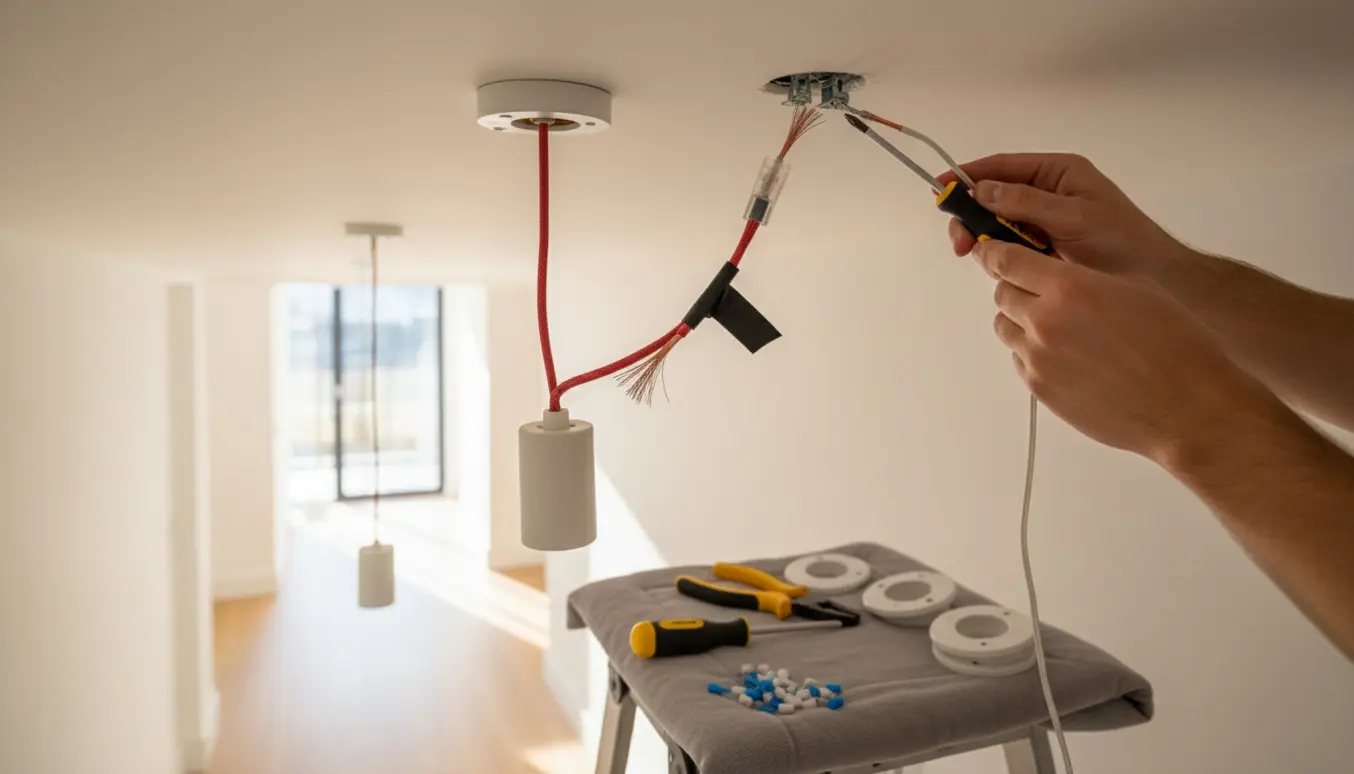 Nærbillede af hænder, der monterer to pendellamper i en loftroset med værktøj og ledningsforbindelser.