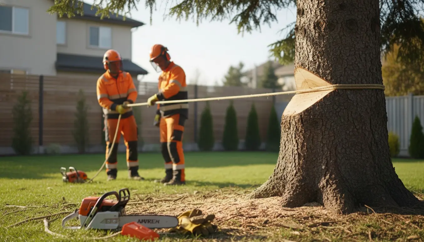 En arborist forbereder fældning af et grantræ i en baghave med kædesav, tov og savflis.
