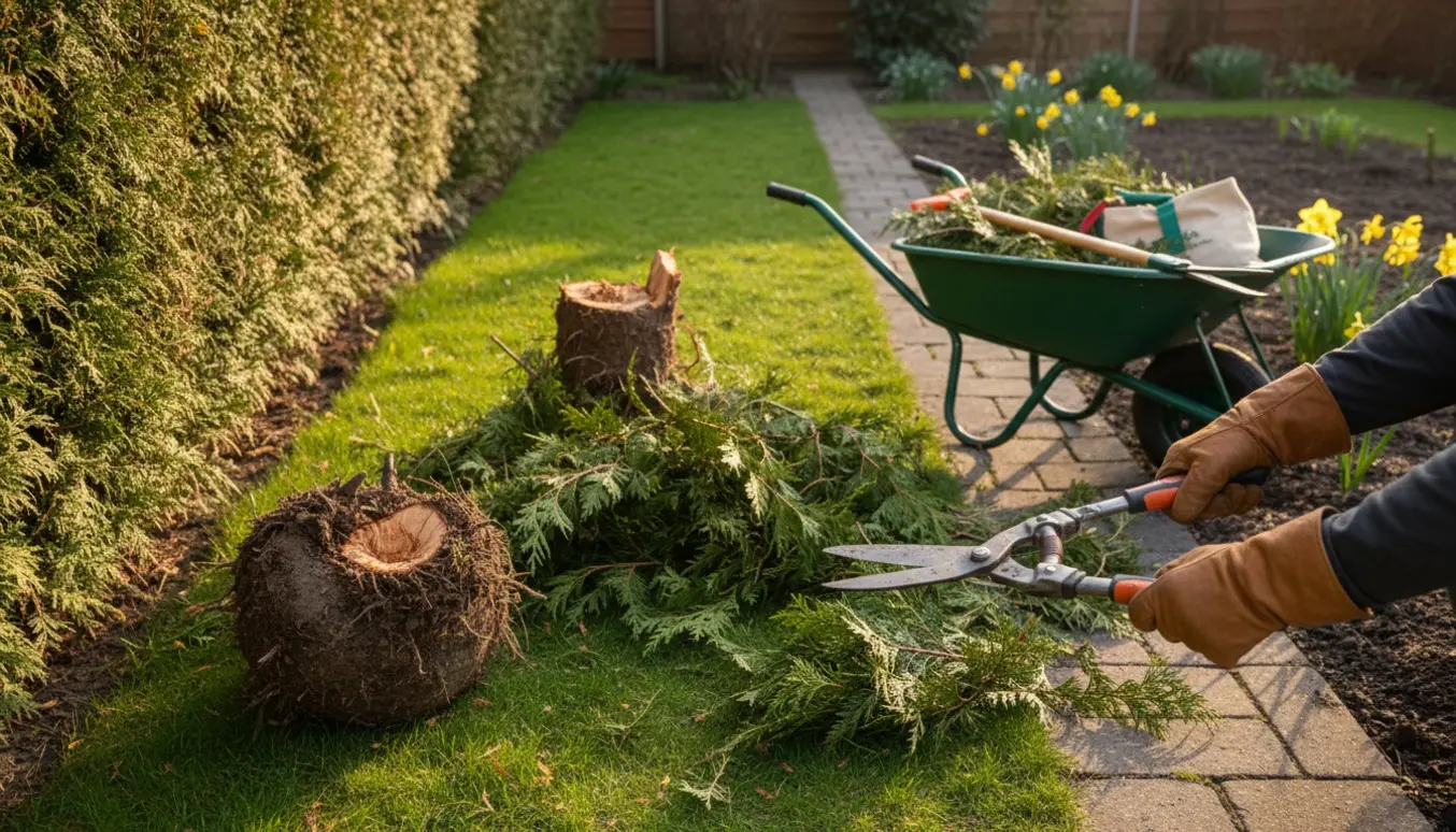 Hænder beskærer en thujahæk og fjerner en gammel thuja i en forårsklar have.