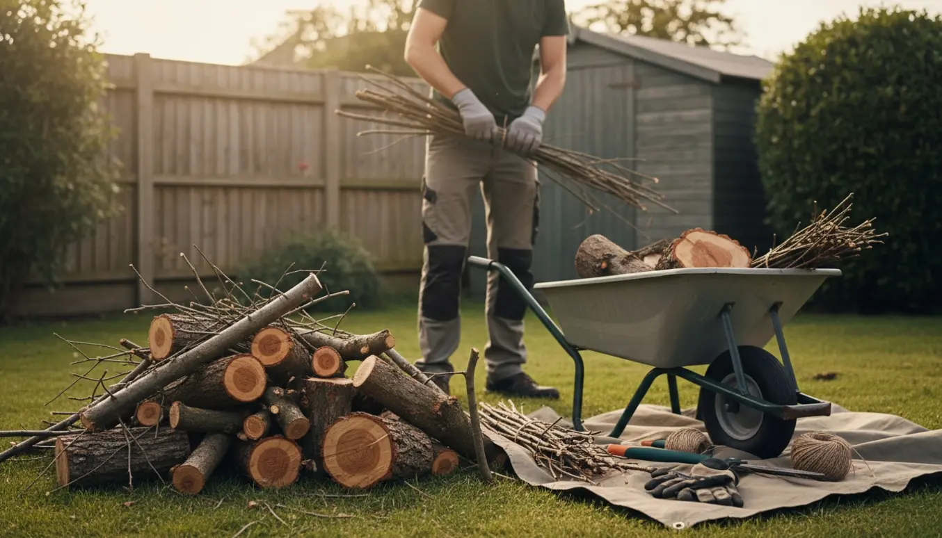 Stak af beskårne grene i en baghave, mens en person uden synligt ansigt binder dem sammen.