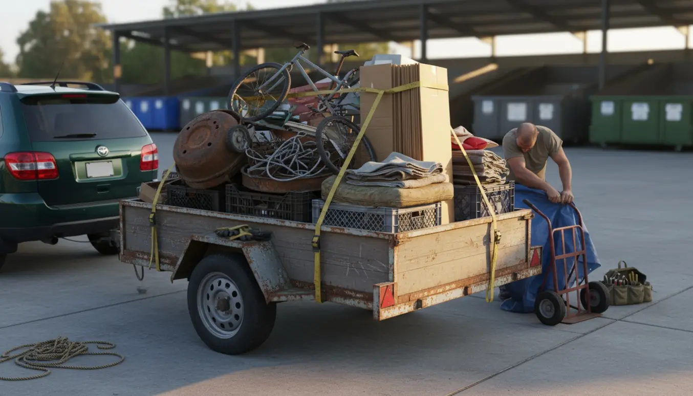 Gammel trailer i indkørsel fyldt med genbrugsting klar til aflevering på genbrugsstationen.